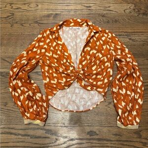 Zara Twist-Front Burnt Orange Patterned Beaded Cuff Women's Top, XS